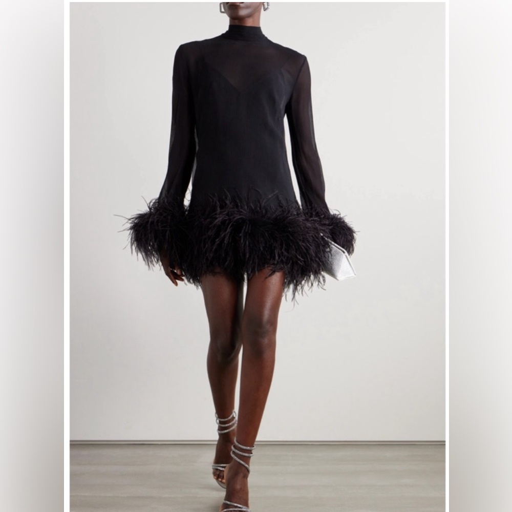 Taller Marmo Gina Black Sheer Feather Trim Mini Dress
